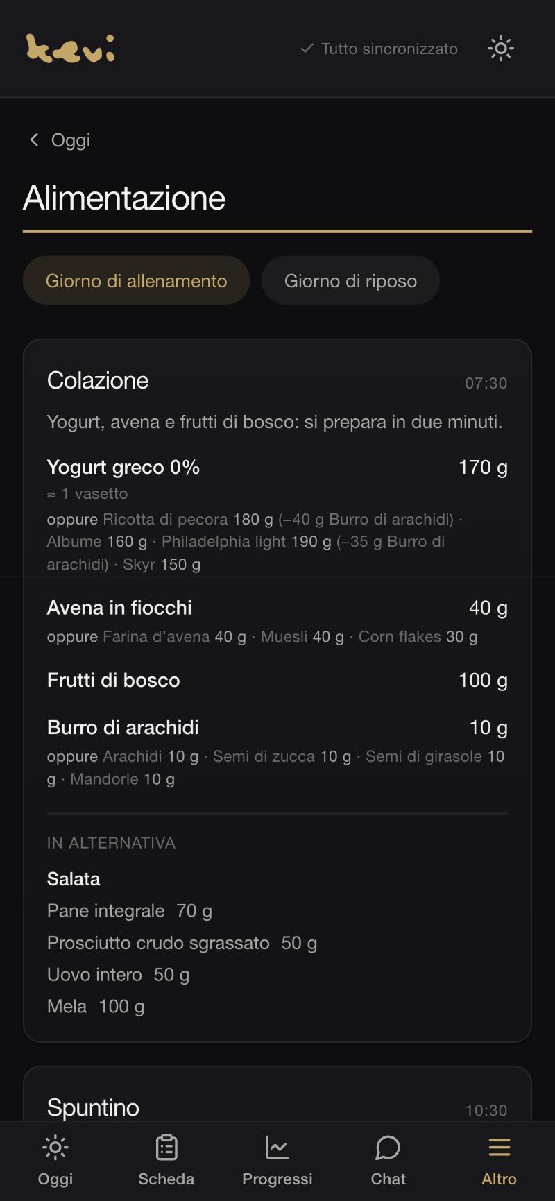Il piano alimentare nell'app del cliente
